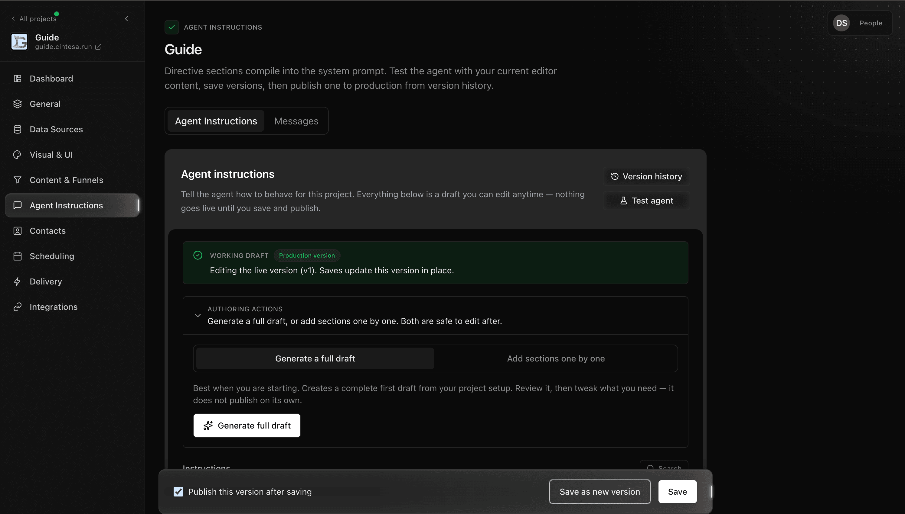 Save bar with Publish this version after saving checked