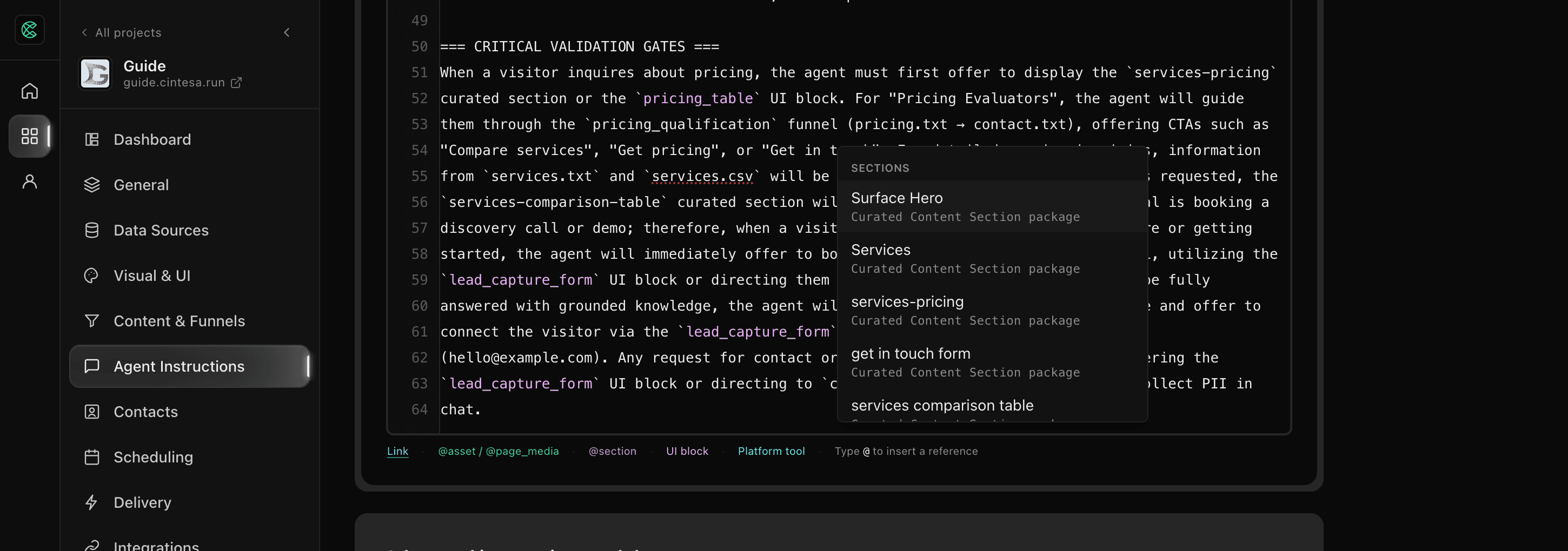 Insert a platform reference with @ in Agent Instructions
