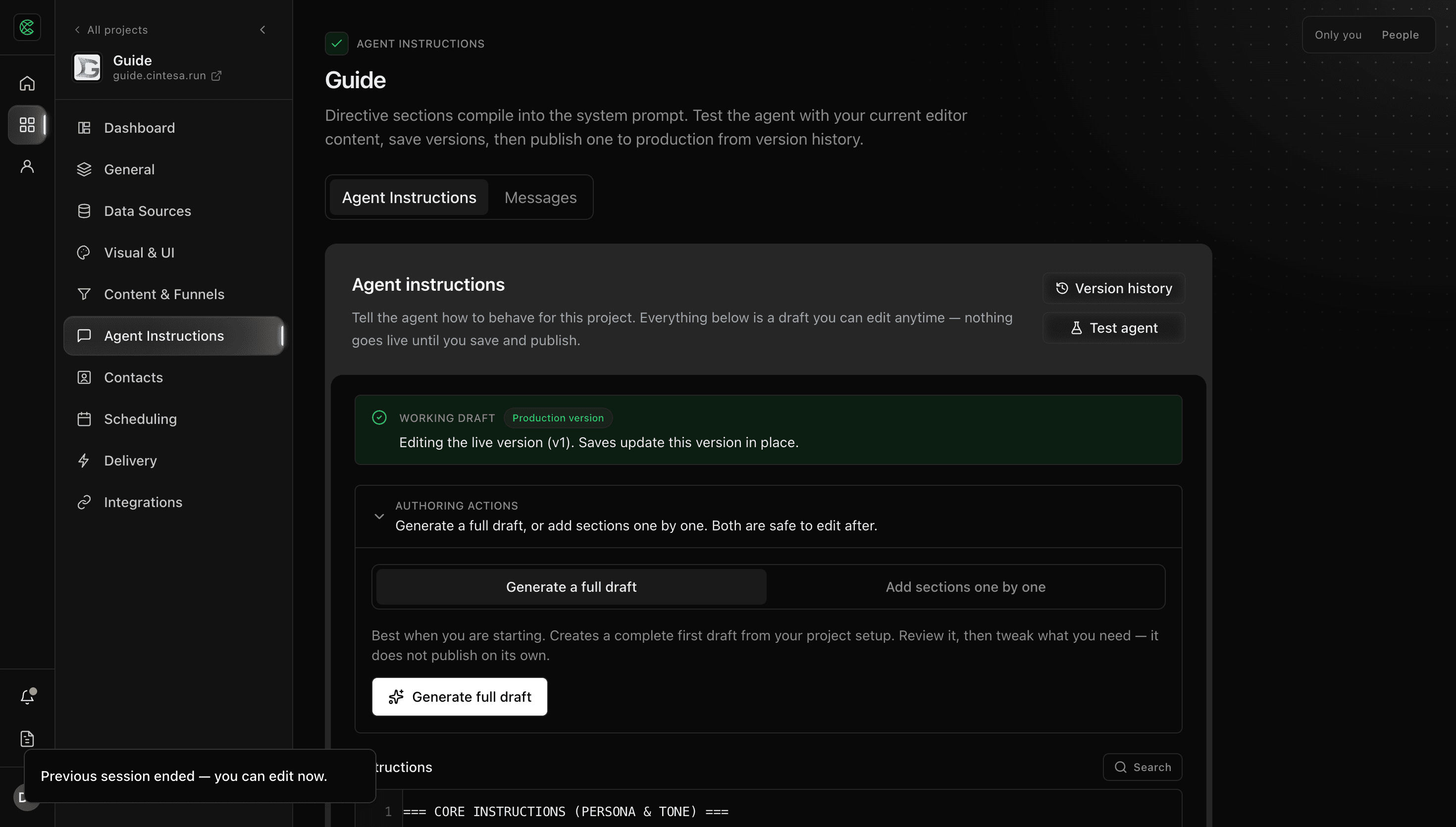 Agent Instructions in the Cintesa dashboard
