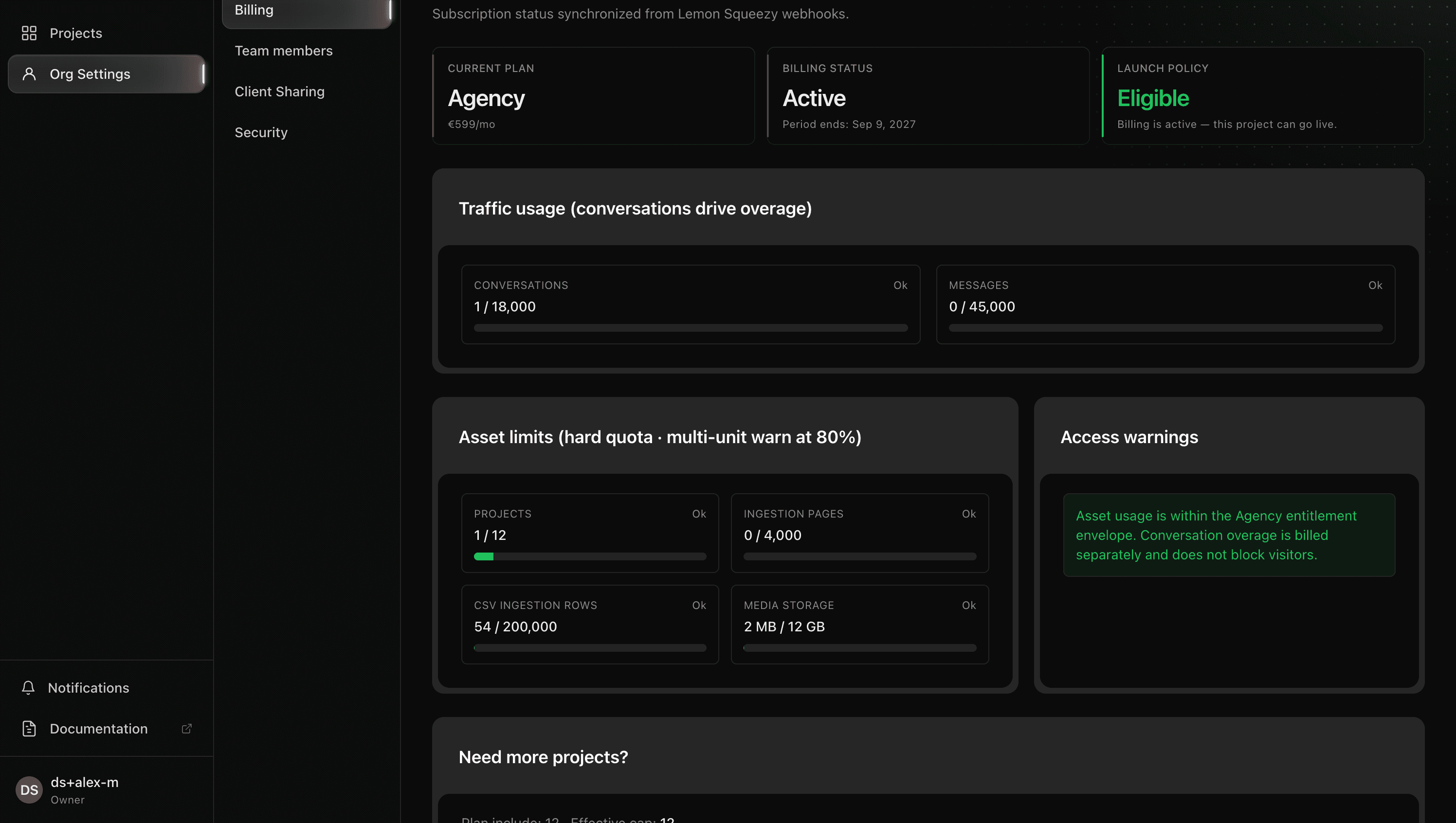 Billing in the Cintesa dashboard