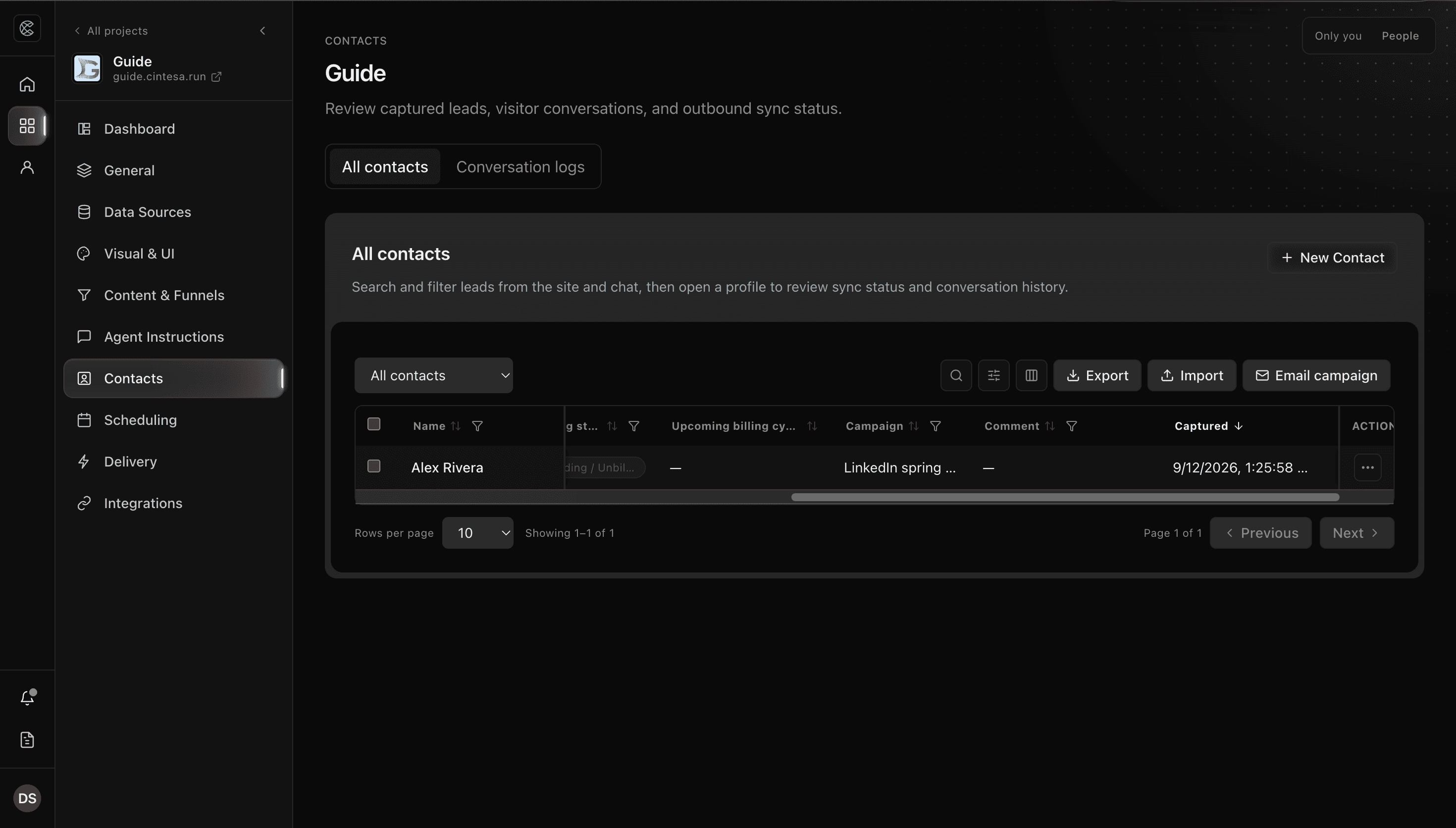 Contacts in the Cintesa dashboard