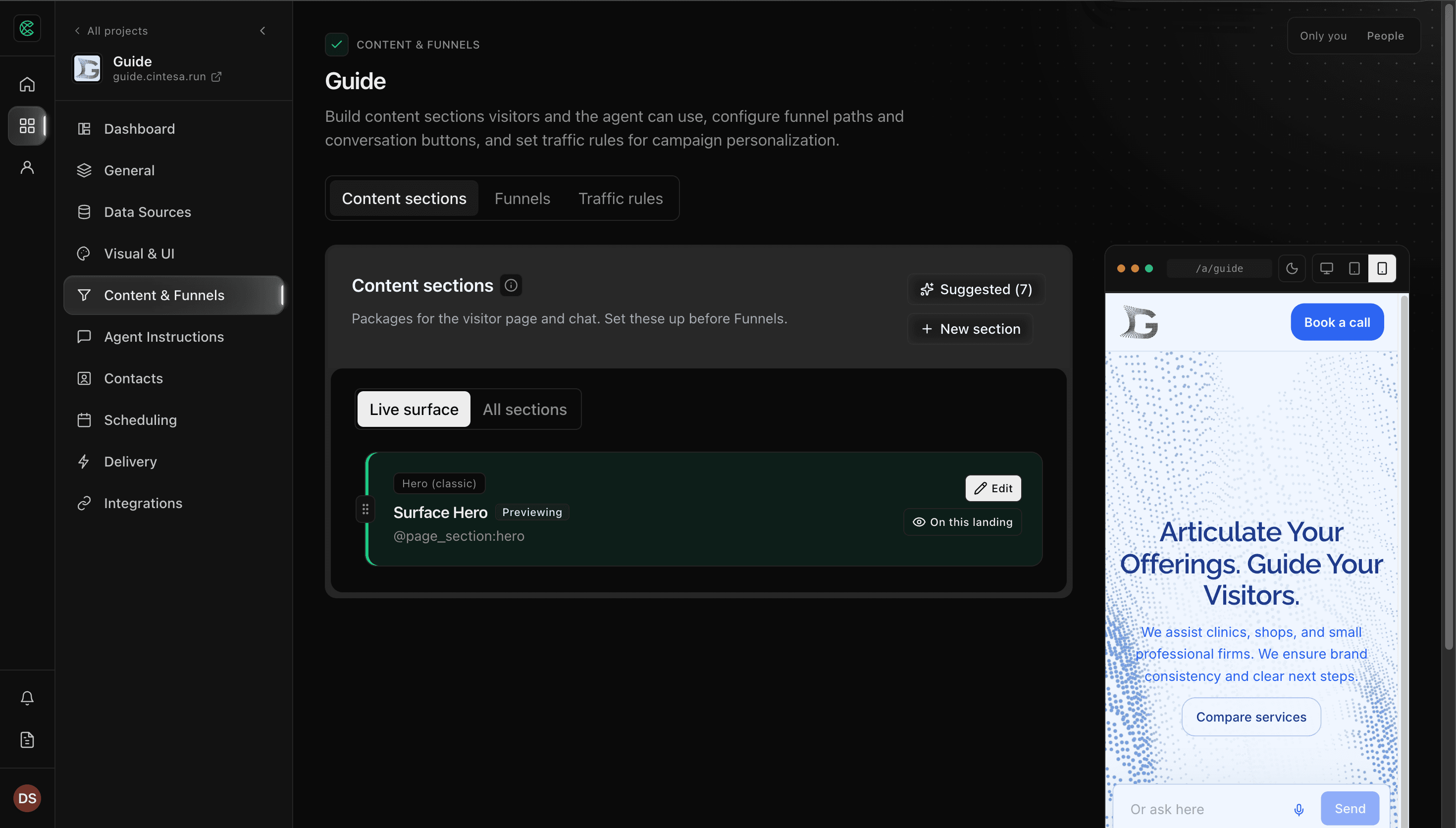 Content sections in Content & Funnels