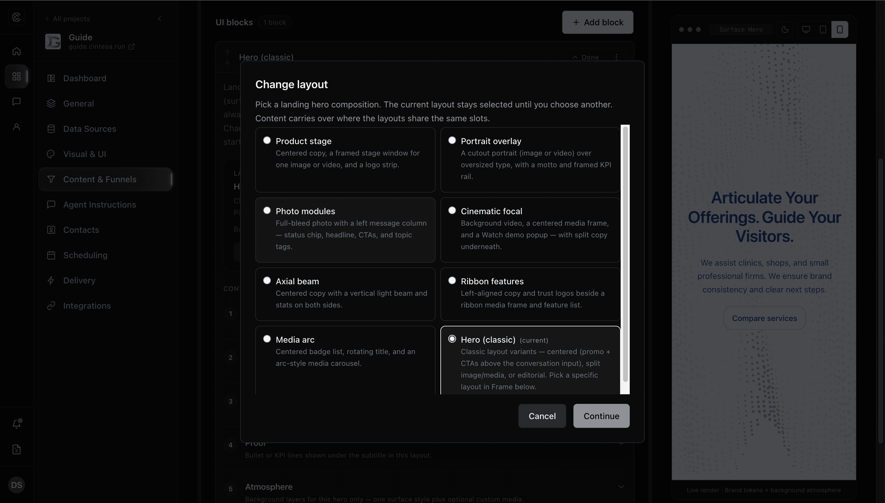 Change layout picker on a landing hero