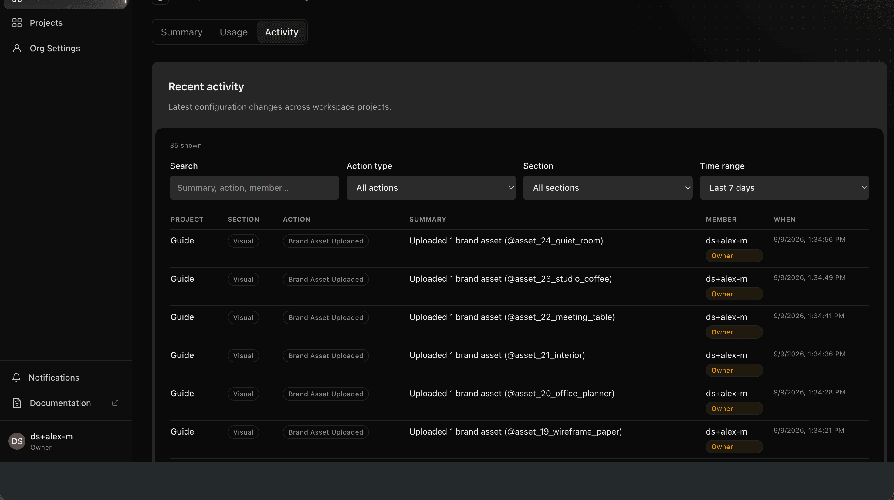 Home Activity log across projects