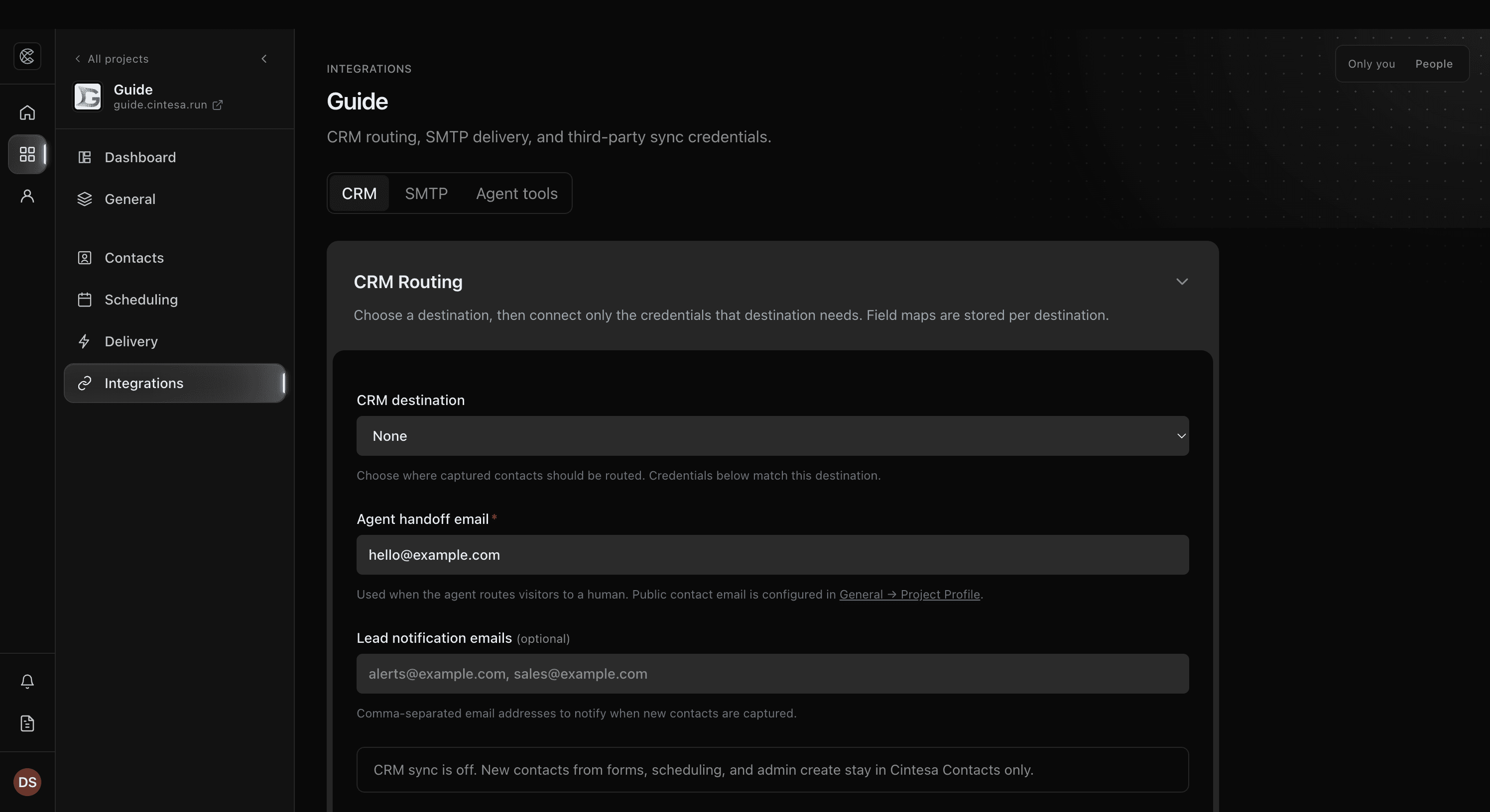 Integrations CRM in the Cintesa dashboard
