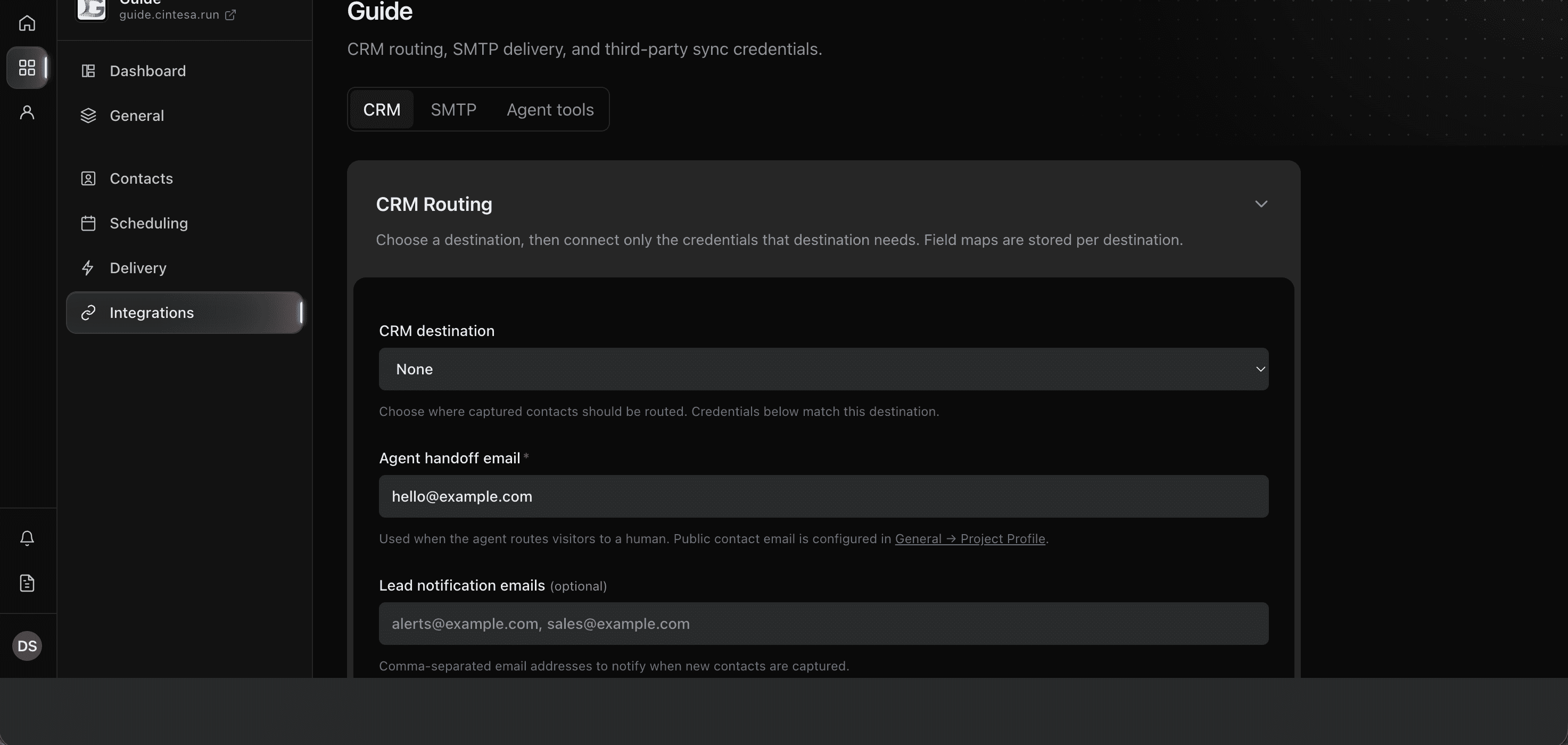 Lead notification emails on Integrations → CRM