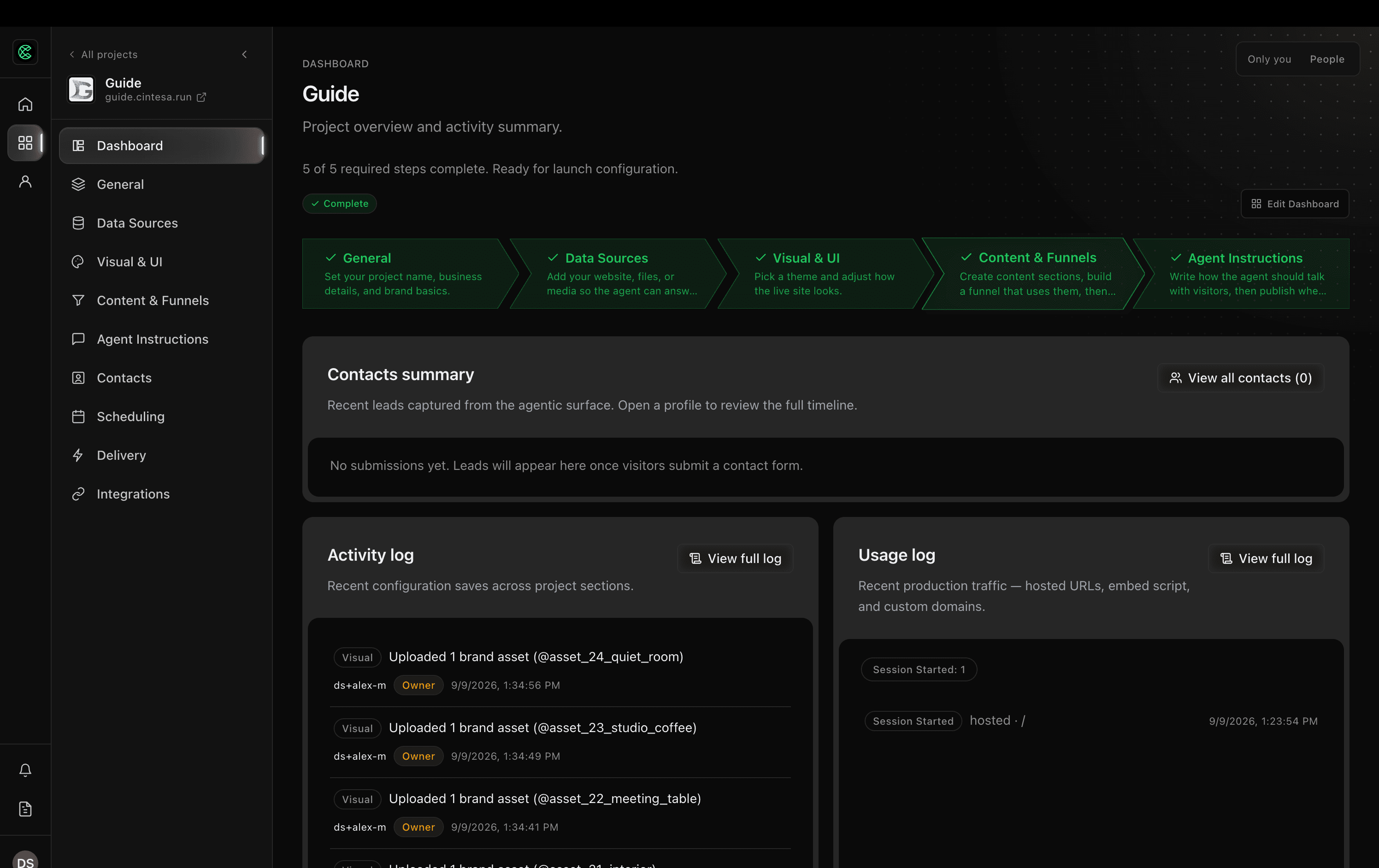 Project Dashboard with Activity and Usage logs