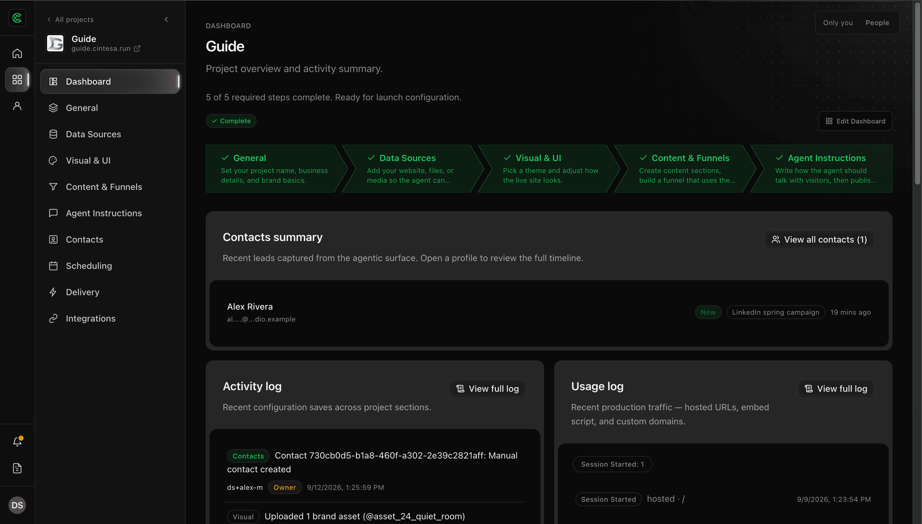 Project Dashboard with the five-step status bar