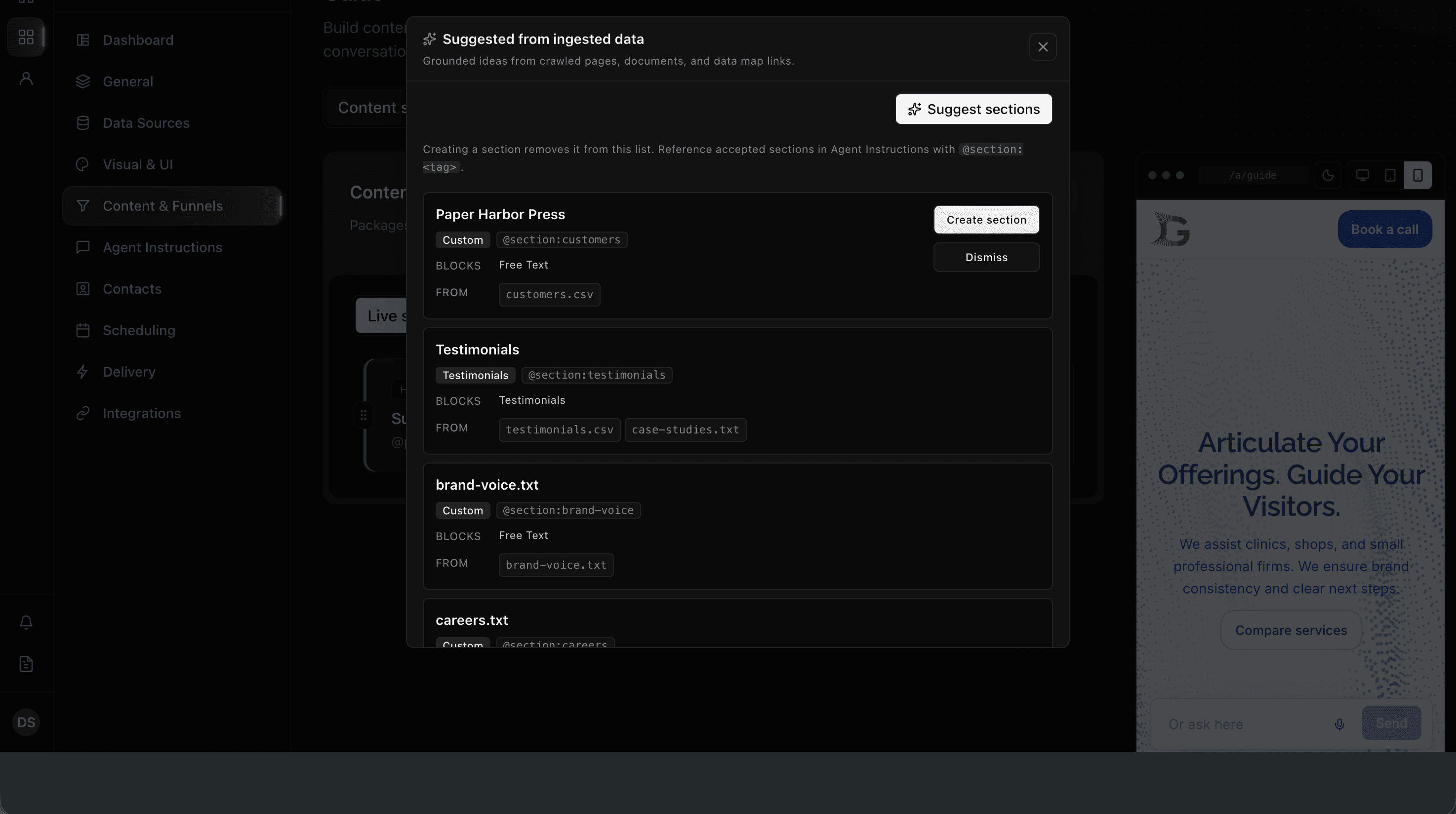 Suggested sections from ingested Guide Studio files