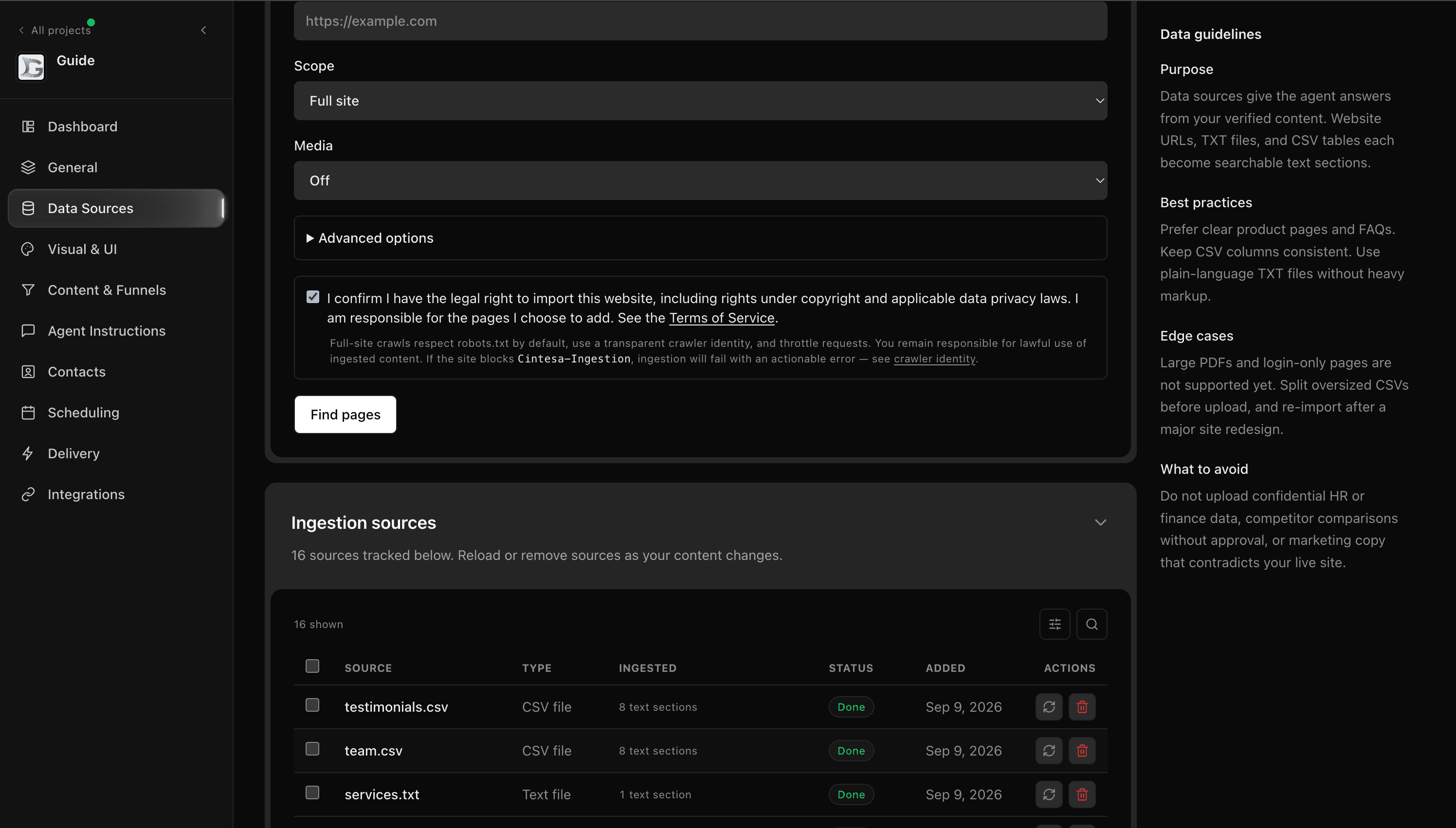 Data Sources in the Cintesa dashboard