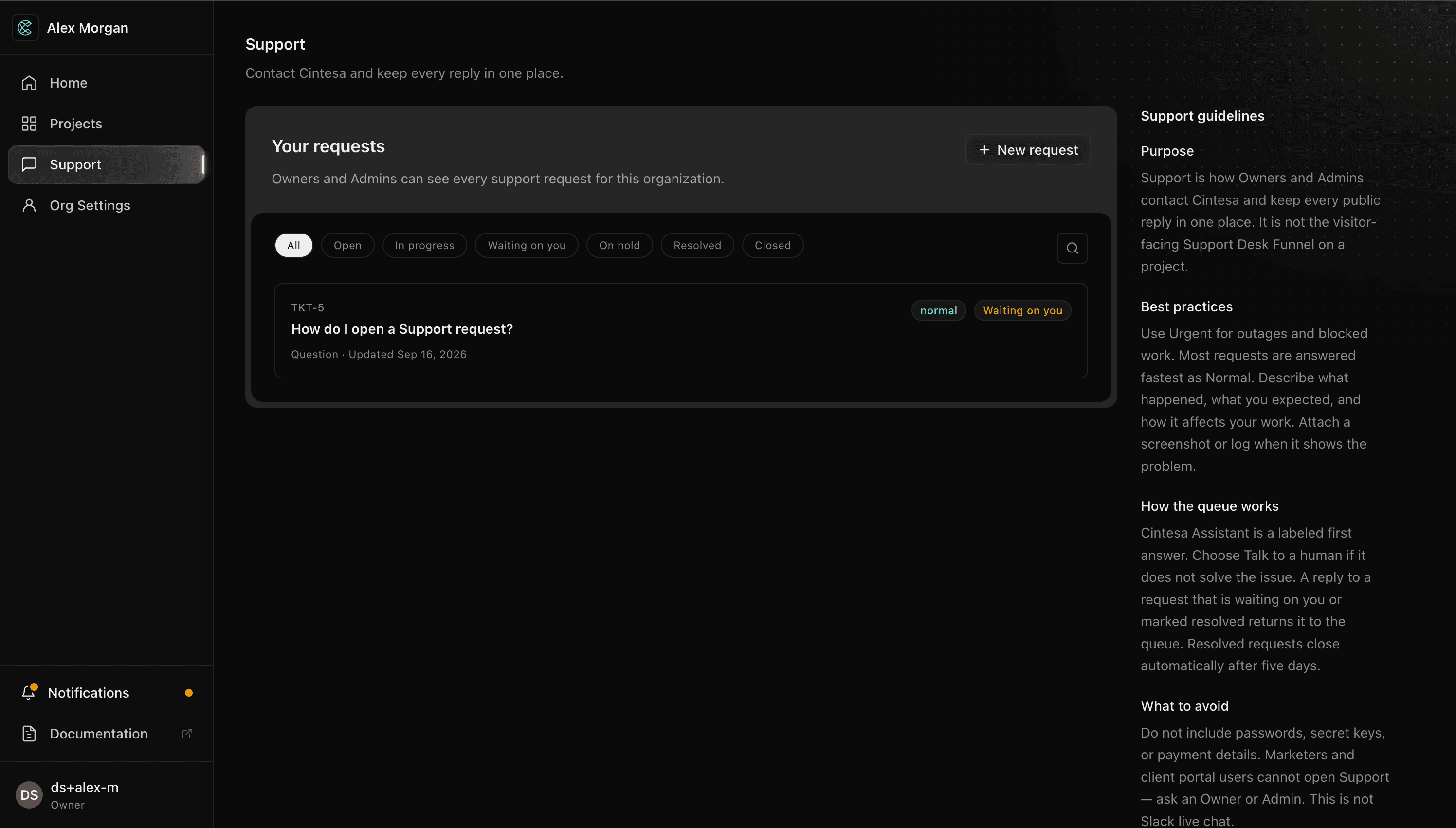 Support request list with New request