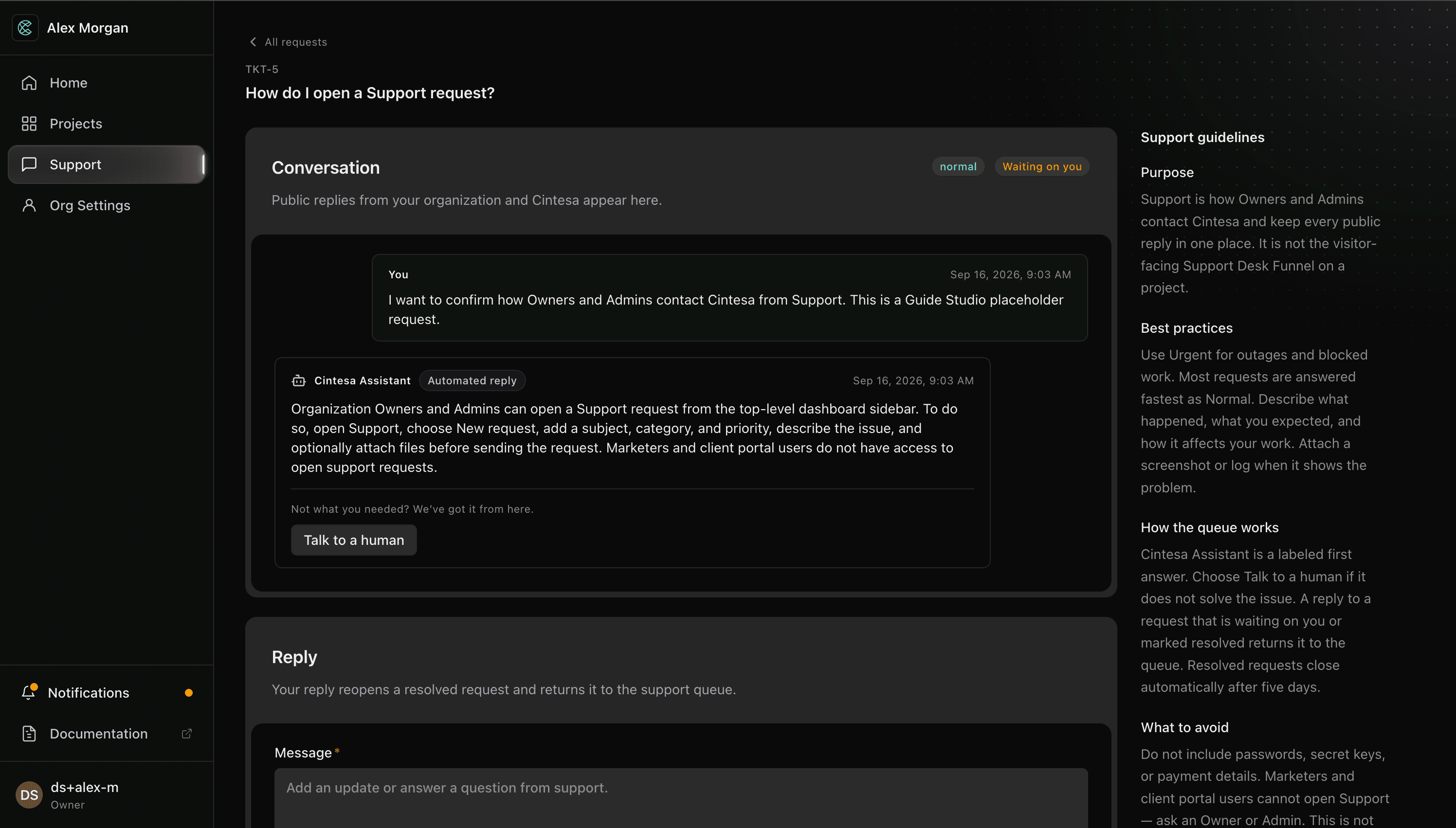 Support request thread with Cintesa Assistant