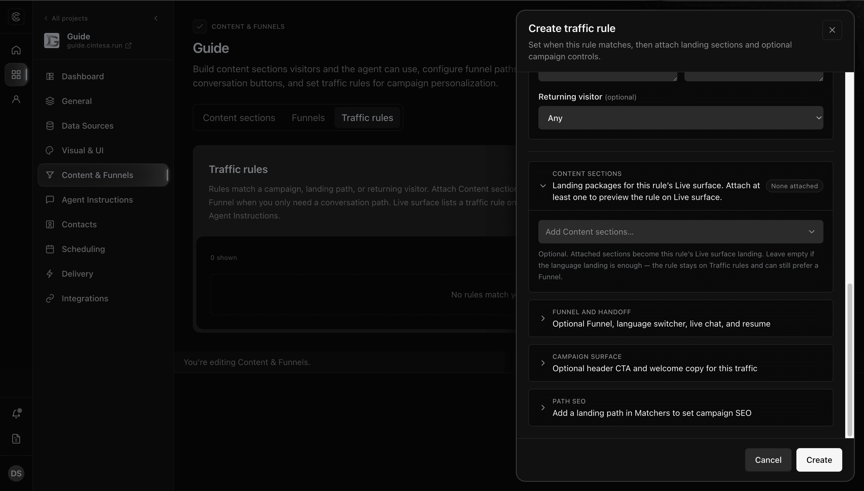 Traffic rule settings panel in Content & Funnels