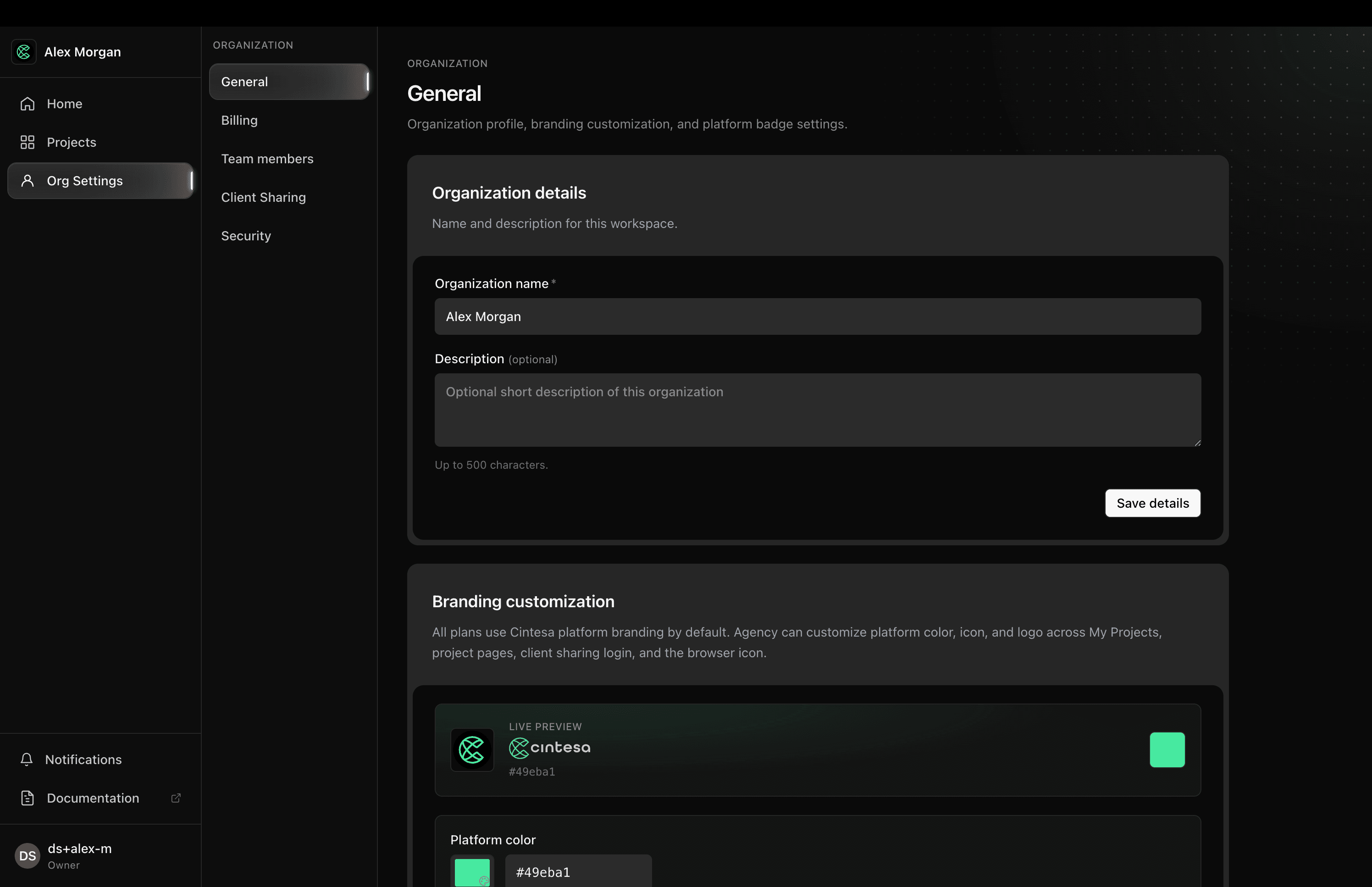 Organization badge settings in the Cintesa dashboard