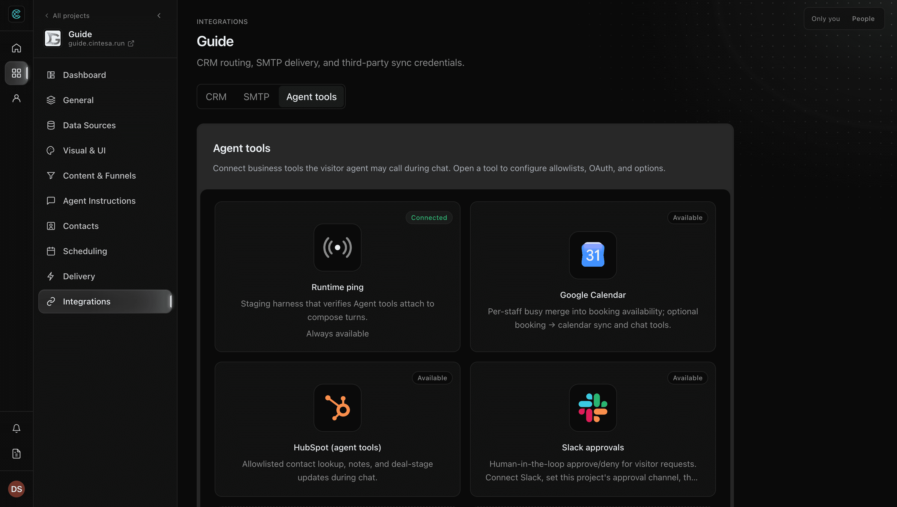 Integrations Agent tools in the Cintesa dashboard