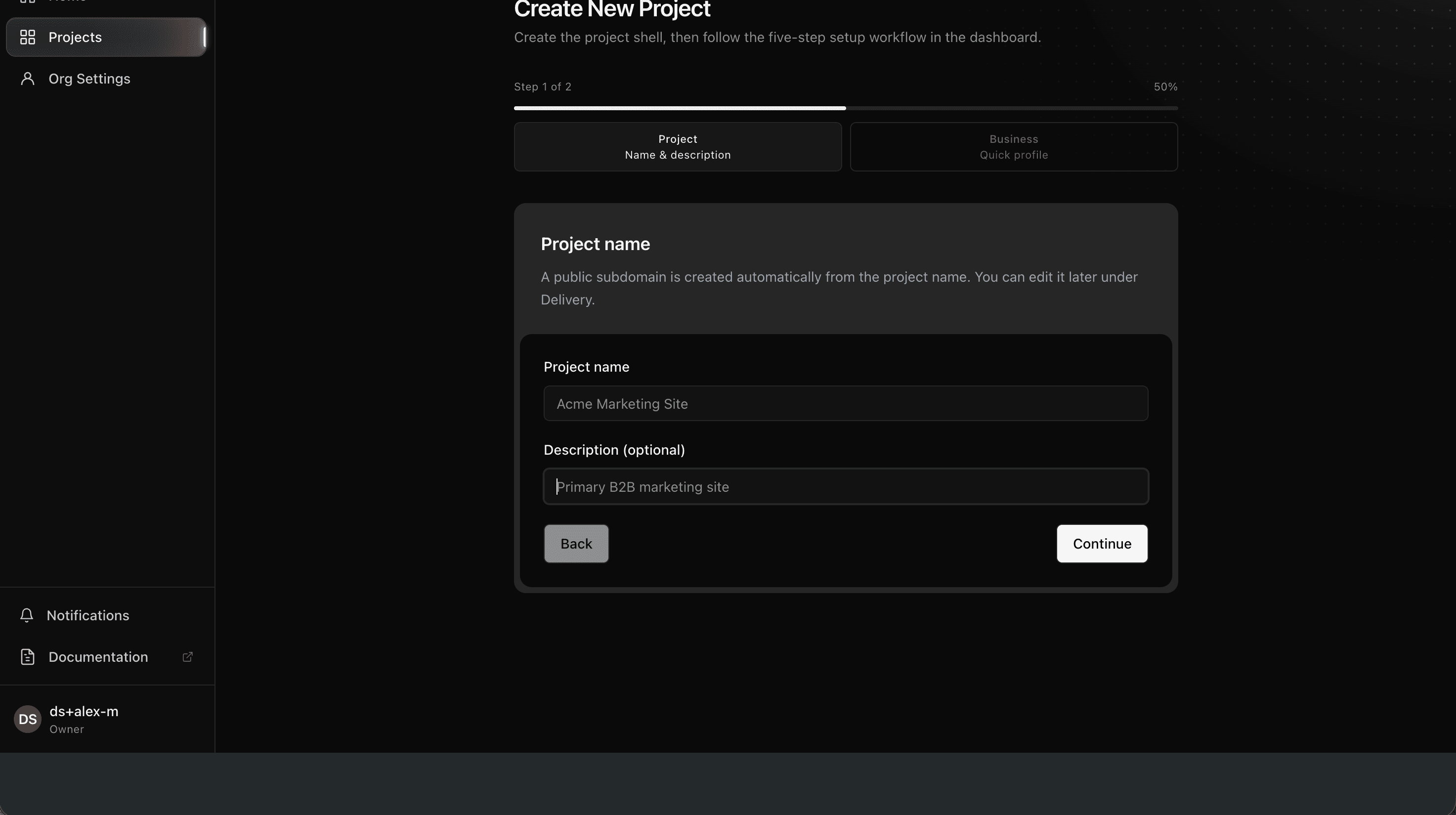 Create New Project in the Cintesa dashboard